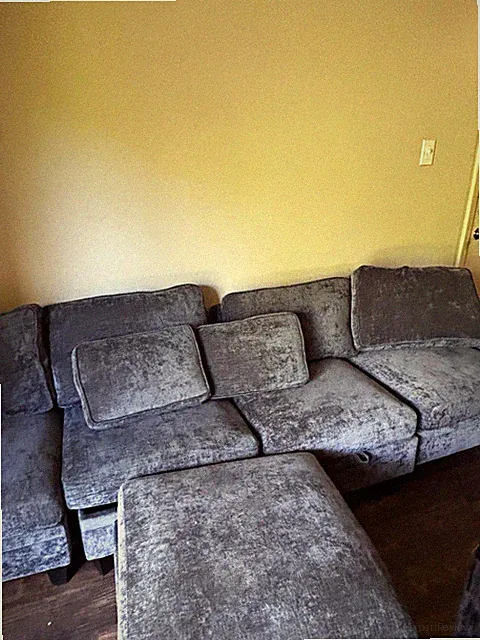 Gray Fabric Sectional Sofa w/ Cushions & Ottoman, 4-Seat, Black Wood Frame
