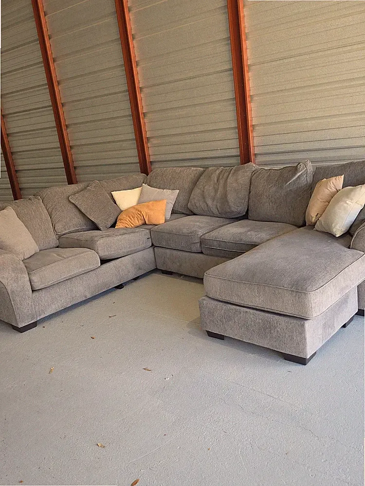 Gray Fabric Sectional Sofa with Chaise & Ottoman, Rolled Arms, Cushion Back