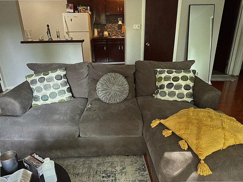 Gray Fabric Sectional Sofa with Chaise, Track Arms, Wood Frame, Solid
