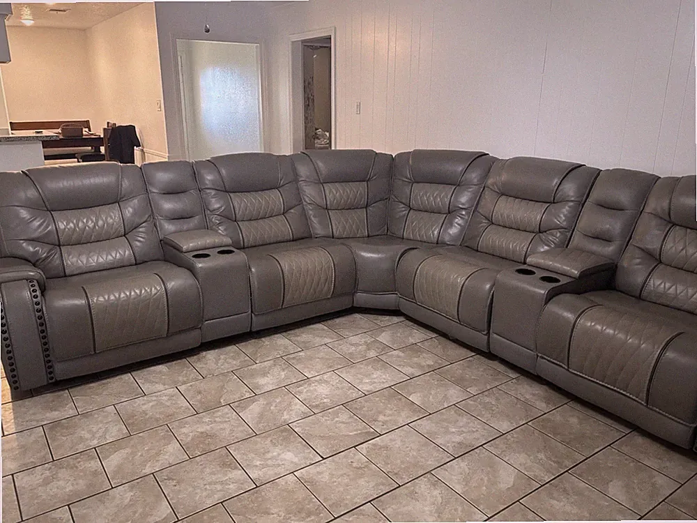 Gray Faux Leather Sectional Sofa Reclining for 6 with Cup Holders Modern