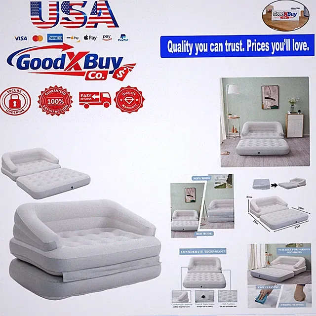 Gray Inflatable Air Sofa Bed - Flocked Full Size Convertible Couch for Campin...