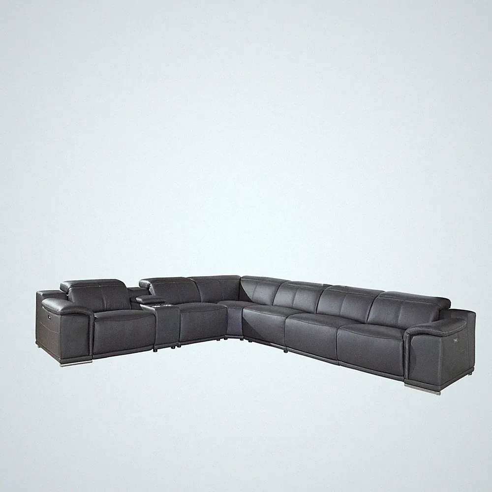 Gray Italian Leather Power Reclining U Shaped Seven Piece Corner Sectional With