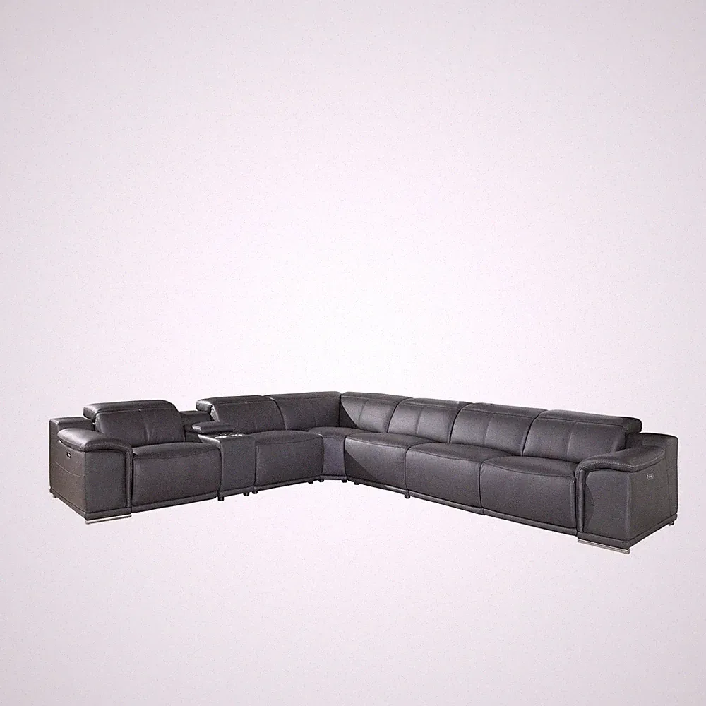 Gray Italian Leather Power Reclining U Shaped Seven Piece Corner Sectional With