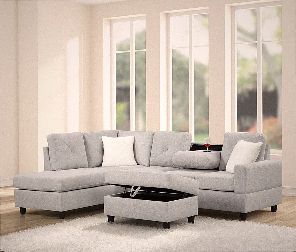 Gray L-Shaped 5-Seat Sectional Sofa, Reversible w/ Drop Down Table & Cup Holders