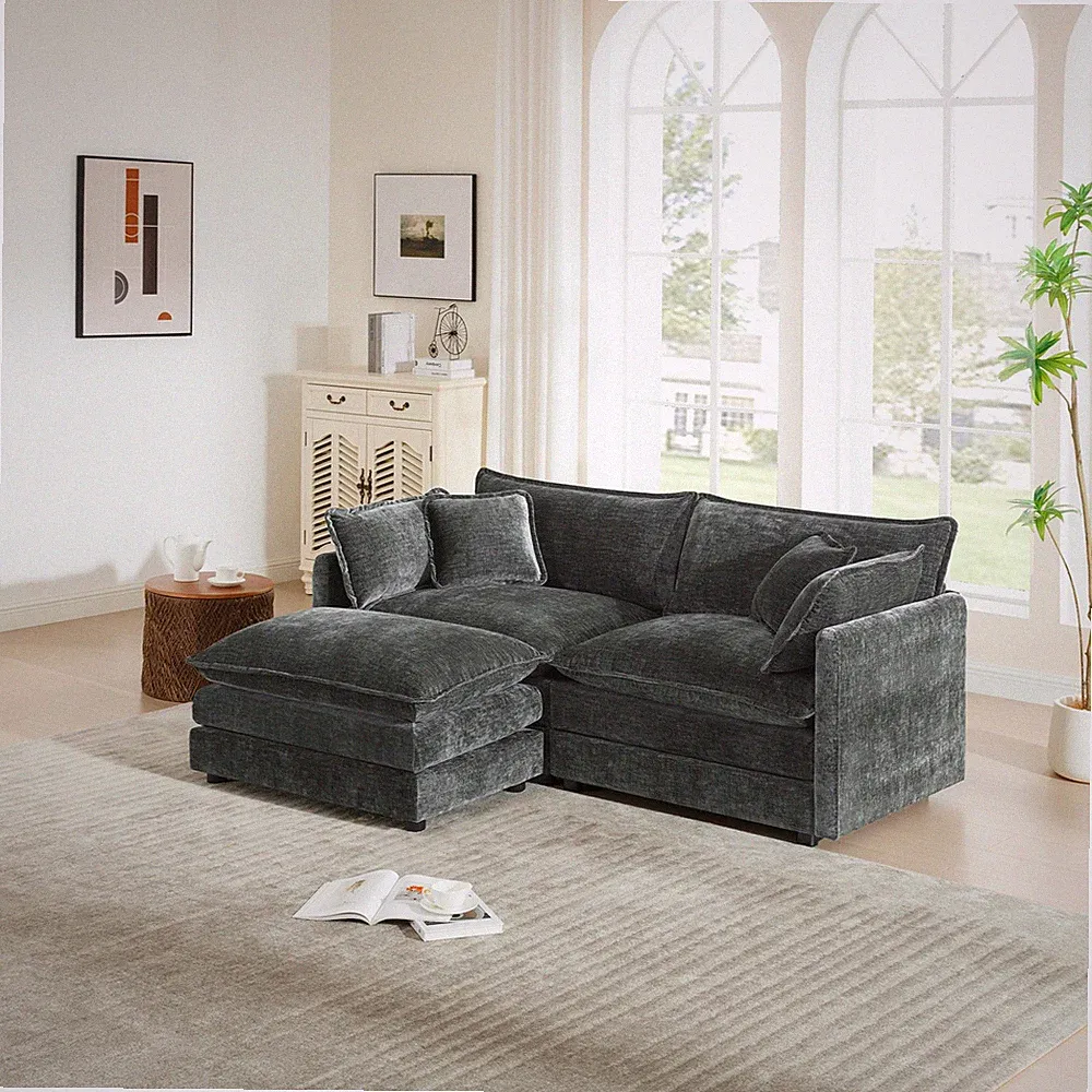 Gray L-Shaped Sectional Sofa 2 Seater with Ottoman for Small Living Room