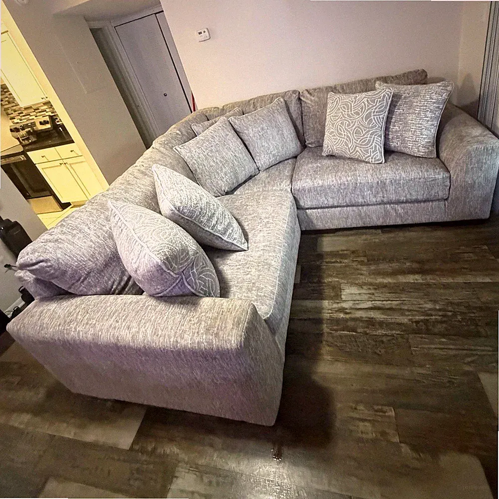 Gray L-Shaped Sectional Sofa, Solid, Wood Frame, 4-Seat, With Cushions
