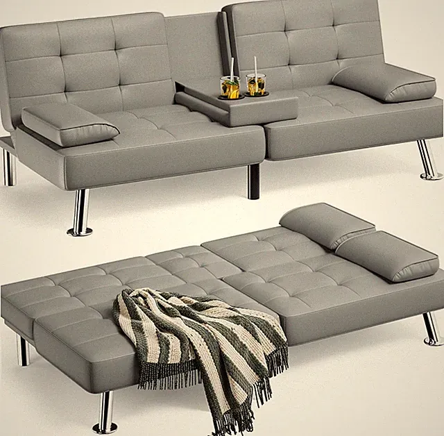 Gray Leather Futon Sofa Bed with Adjustable Recliner & Cup Holders