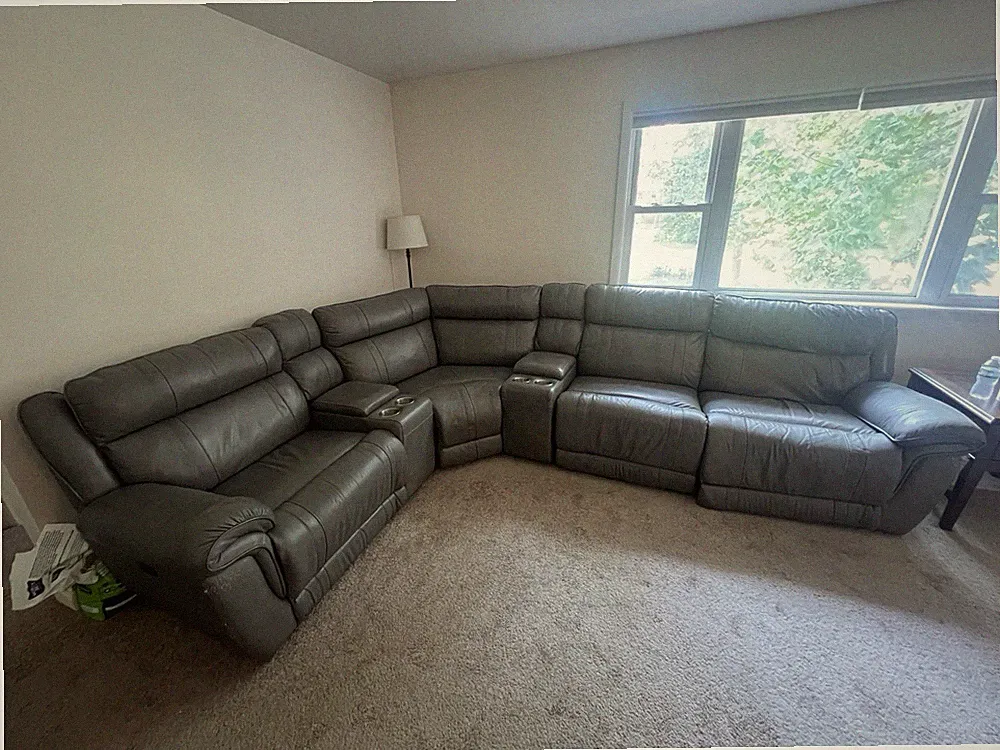 Gray Leather Reclining Sectional Sofa with Cup Holders, Pillow Top Arms