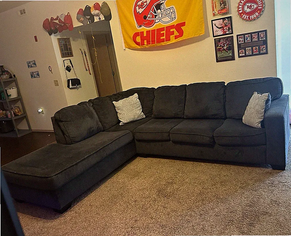 Gray Left Chaise Sectional Sofa, Track Arms, Cushion Back, Seats 4