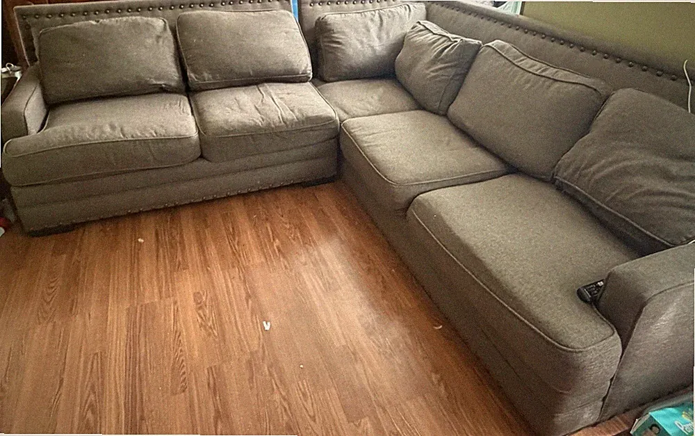 Gray Linen Blend Sectional Sofa, Mid-Century Modern, Track Nail Arms