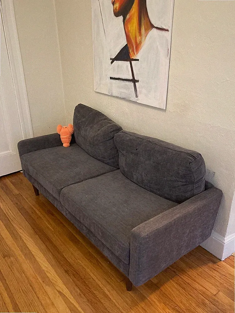 Gray medium couch, firm, seats up to four