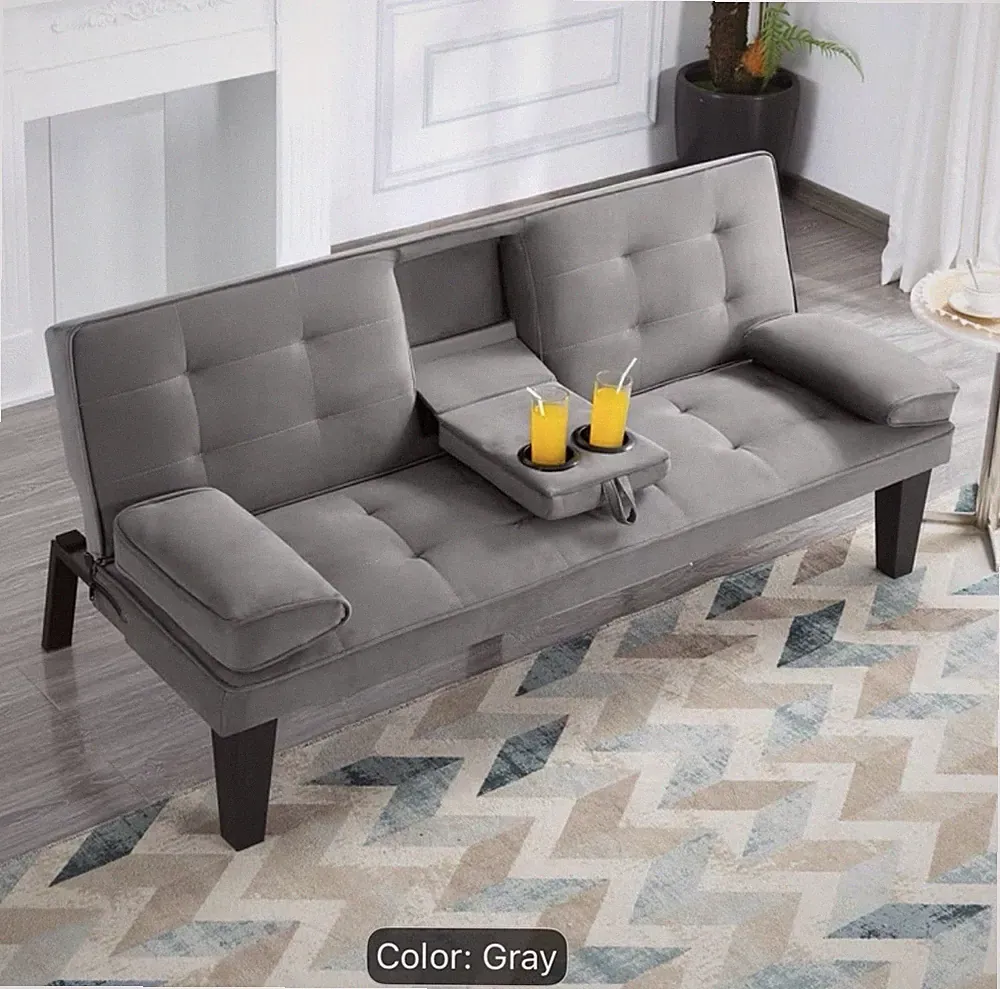 Gray Modern Convertible Adjustable Futon Sofa Bed w/ Cup Holder, 65 in