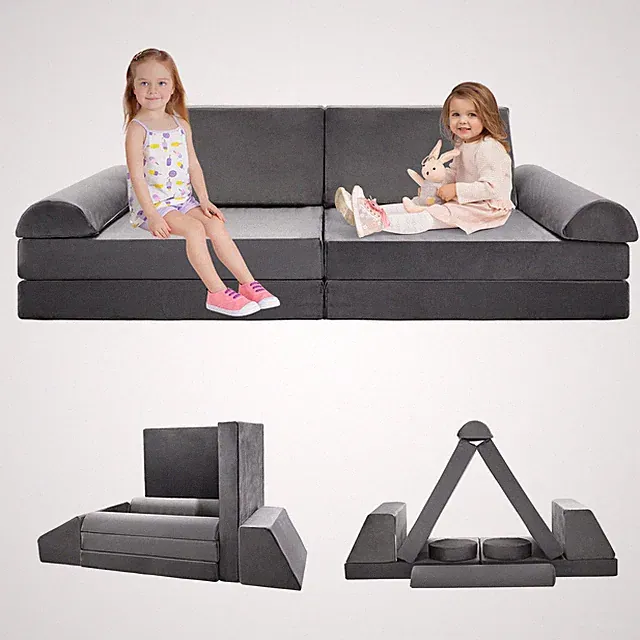Gray Modular Kids Sofa Set Soft Safe Combination Couch for Playroom Bedroom