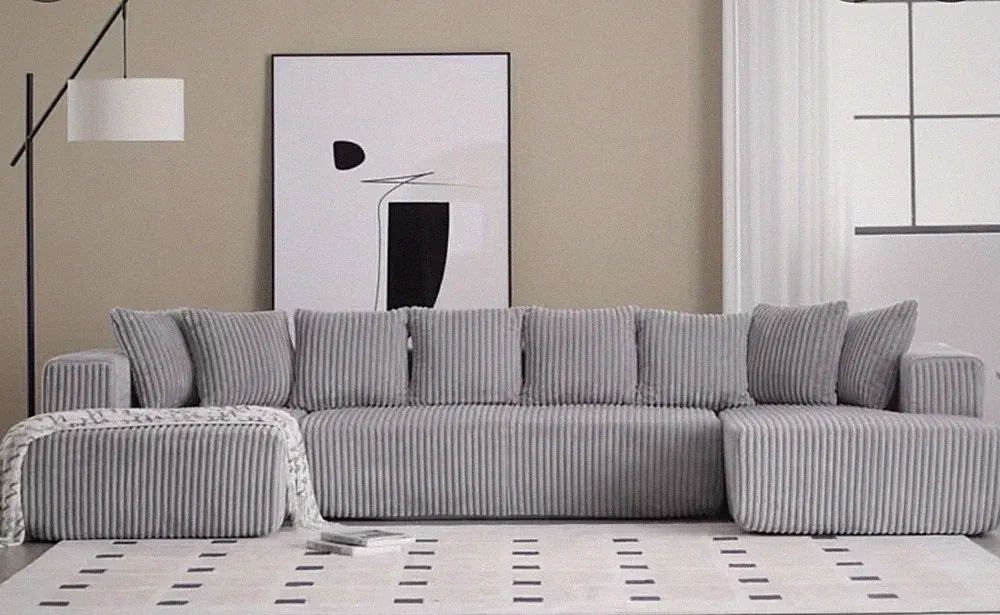 Gray Modular Sectional Couch Striped Corduroy Upholstered Chaise Lounge 4-Seater