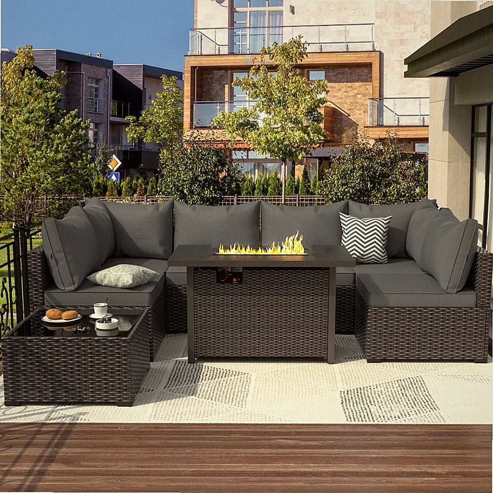 Gray Outdoor 8 Pieces Patio Furniture Set with Propane Fire Pit Table And Sofa