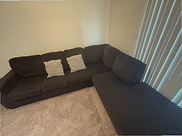 Gray Polyester Sectional Sofa w/ Chaise & Cushions, Black Wood Frame
