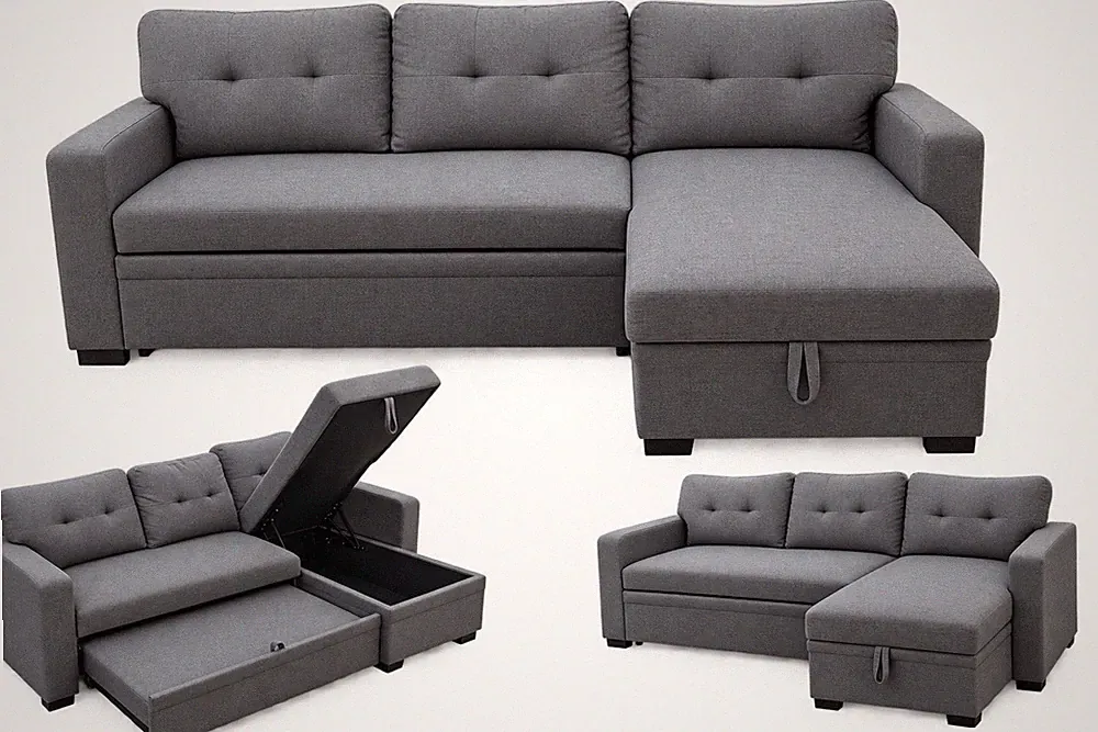 Gray Polyester Sleeper Sofa Sectional w/ Chaise, Storage, Track Arms, 3