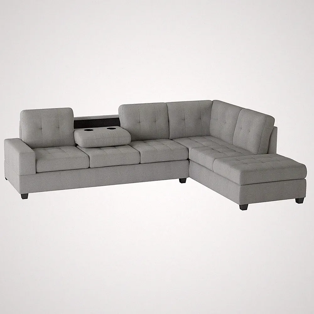 GRAY REVERSIBLE CHAISE SOFA SECTIONAL & DROP DOWN TABLE LIVING ROOM FURNITURE