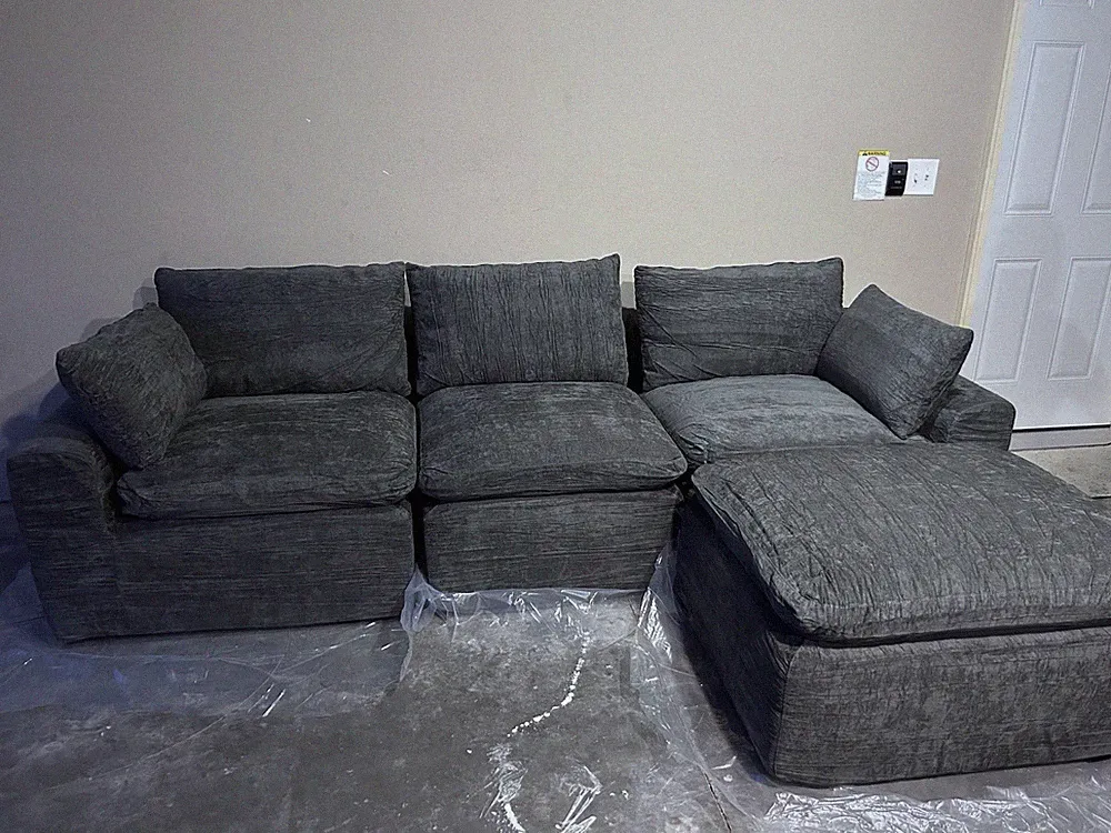 Gray Sectional Sofa, 4-Seater, Wood Frame, Contemporary, High Back, Cushions