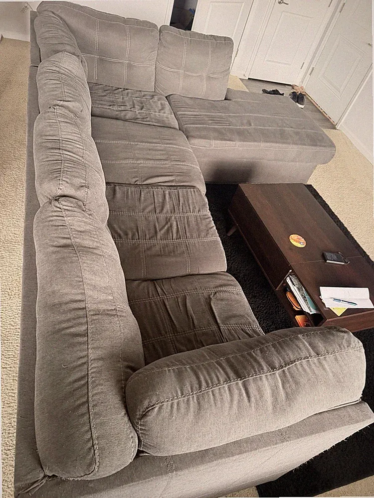 Gray Sectional Sofa Couch with Chaise, Solid, Wood Frame, 9.4 ft x 6.5 ft