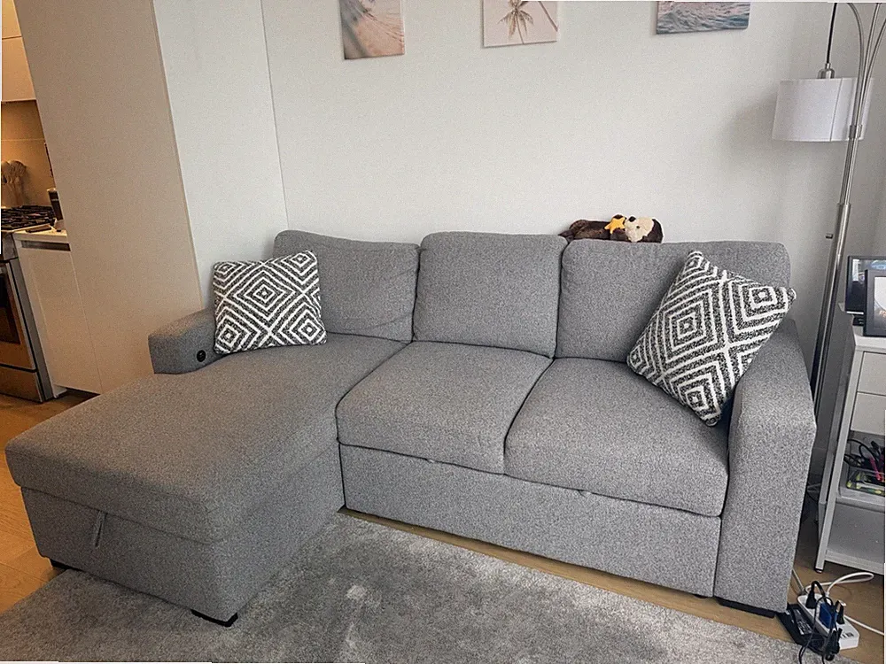 Gray Sectional Sofa Storage Chaise, Cup Holders, USB Ports, Shelves, Pillows