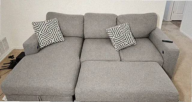 Gray Sectional Sofa – USB Charging, Cupholders, Storage, & Built-In Shelving