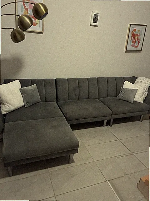 Gray Sectional Sofa Velvet Contemporary Arm Channel Back Modern
