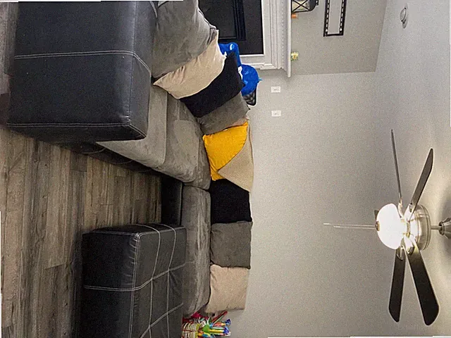 Gray sectional with leather ottoman