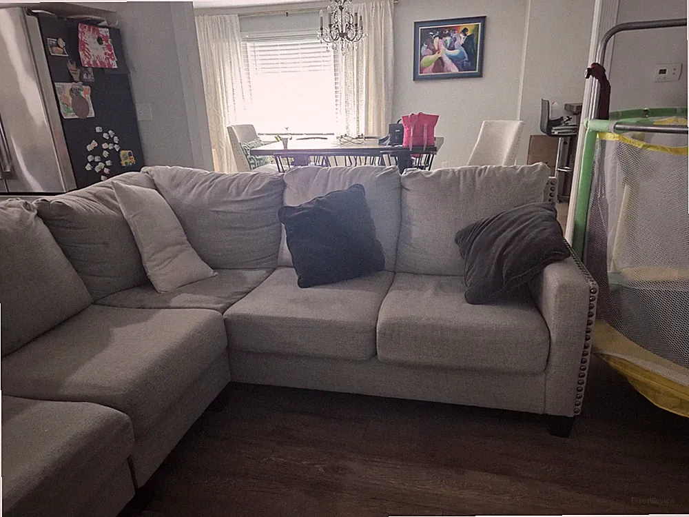 Gray Solid 100% Cotton Sectional Sofa, Track Arms, Black Wood Frame, Cushions