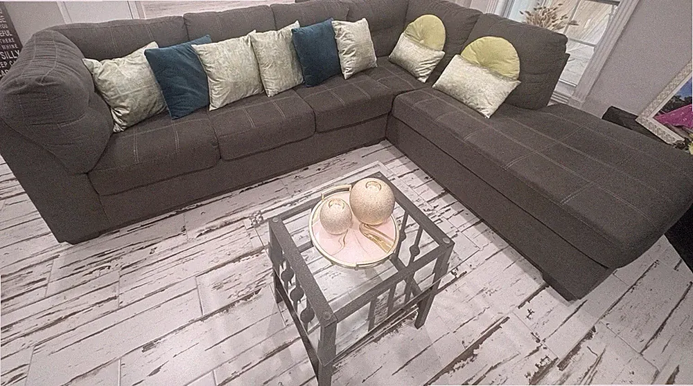 Gray Solid Fabric Sectional Sofa w/ Chaise, Cushions, Black Frame
