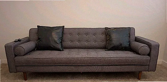 Gray Tufted Back Rolled Arm 3-Seat Sofa, Wood Frame, Cushions, Modern