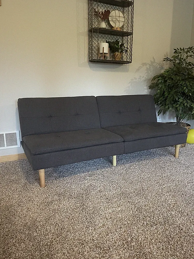 Gray Tufted Convertible Futon Sofa Bed, Modern Fabric w/ Wood Legs