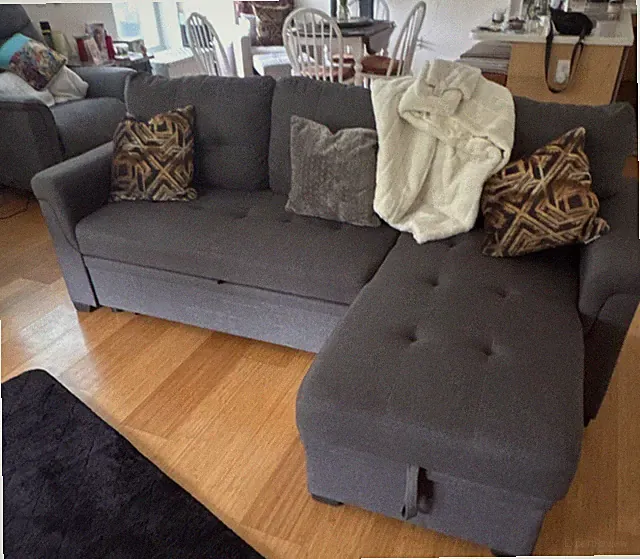 Gray Tufted Sectional Sofa with Chaise, Removable Cushions, Polyester