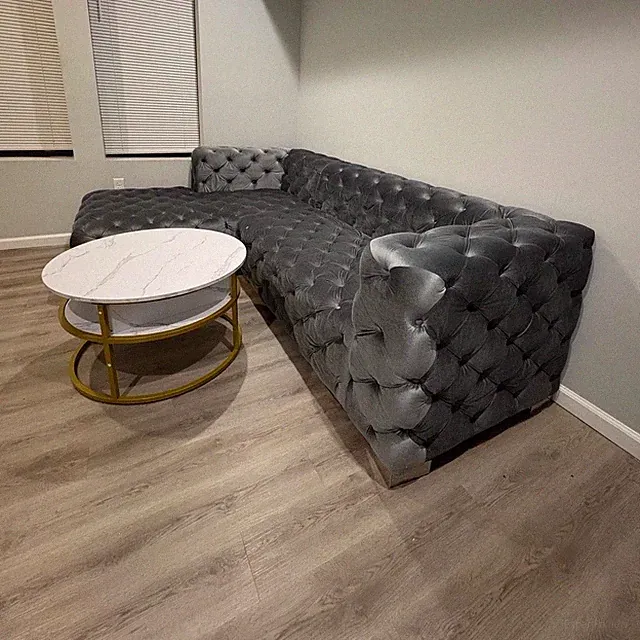 Gray Tufted Sofa w/ Cushions, Mid-Century Modern, 5-Seat, 70+ in