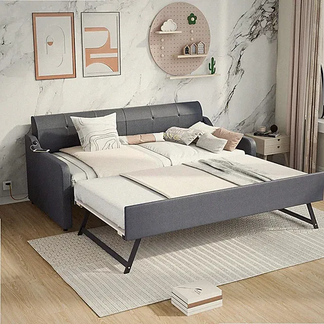 Gray Upholstered Daybed Sofa Bed with Trundle & USB Charging, Twin Size
