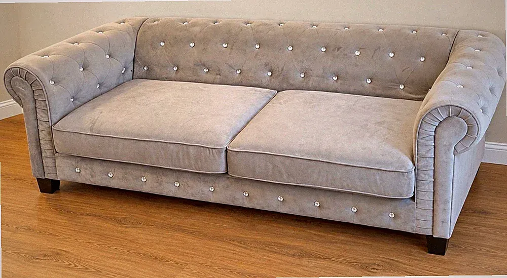 Gray Velvet Chesterfield Sofa Tufted Button Rolled Arms 3 Seat Wood Frame