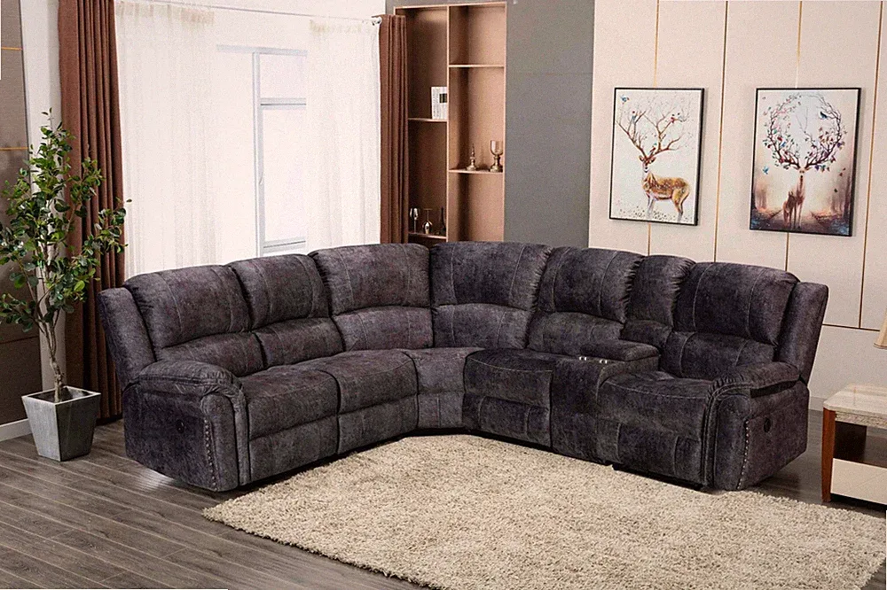 Gray Velvet Power Recliner Modular Sectional Sofa with USB's and Cup Holders