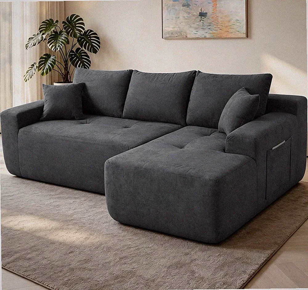 Gray Velvet Sectional Sofa w/ Chaise, Track Arms, Cushion Back, 85 in