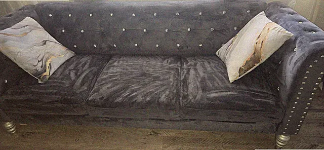 Gray Velvet Tufted Chesterfield Sofa Nailhead Trim w/ Cushions Wood Frame