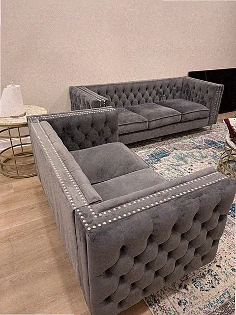 Gray Velvet Tufted Sofa Set 2-Piece with Cushions, Nailhead Trim