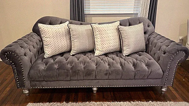 Gray Velvet Tufted Sofa w/ Nailhead Trim, Rolled Arms, Cushions, 3-Seat