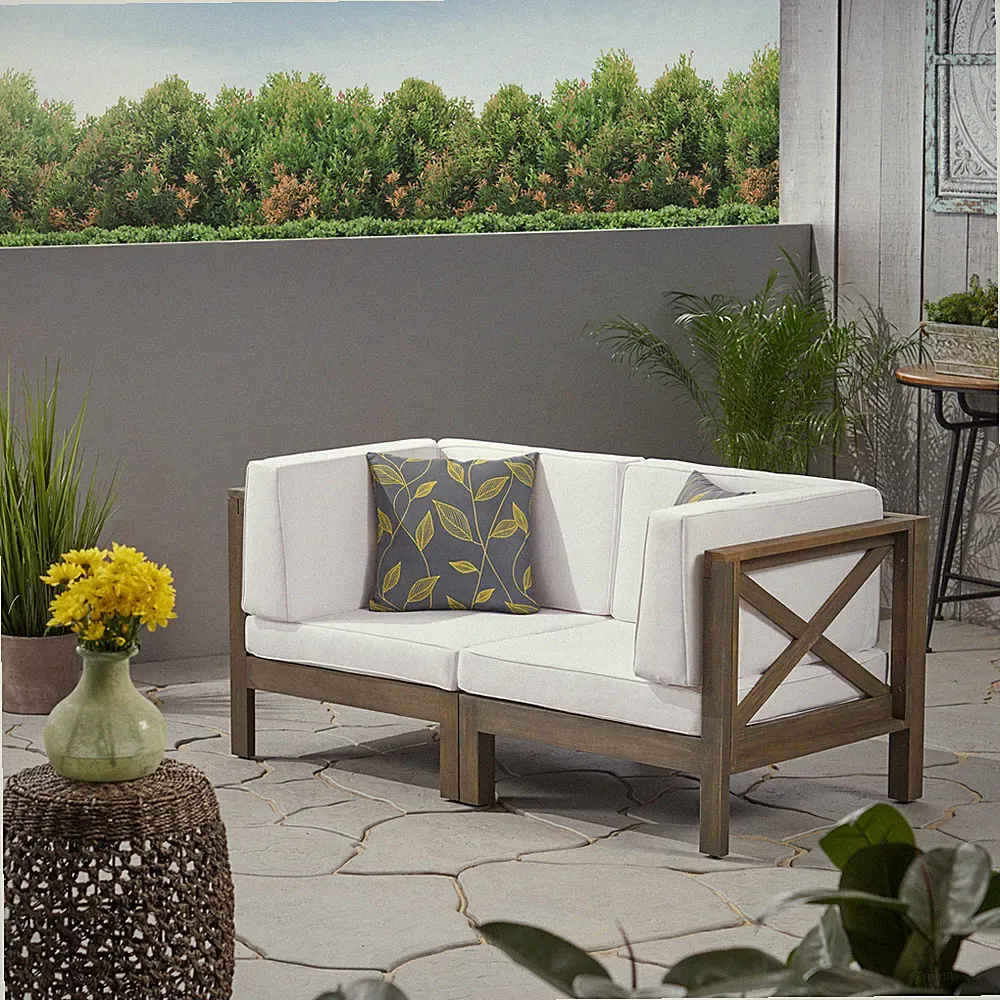 Great Deal Furniture Keith Outdoor Sectional Loveseat Set 2-Seater Acacia Wood