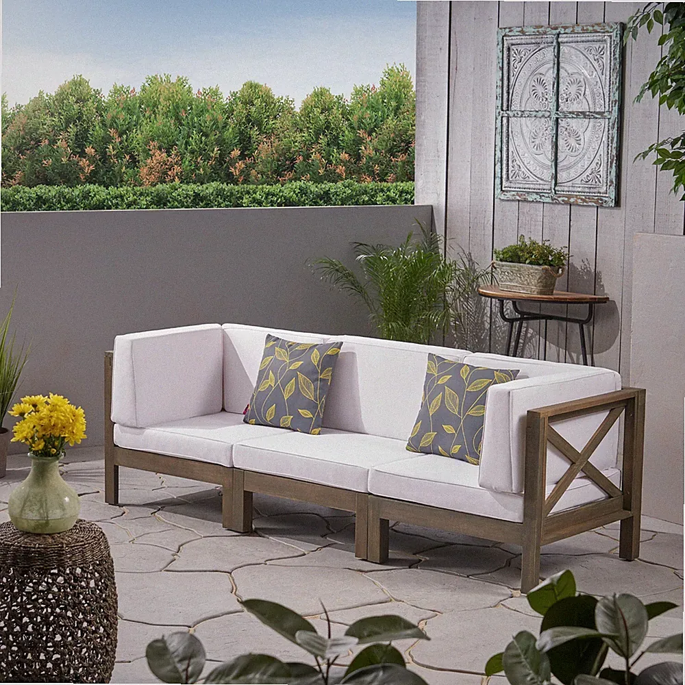 Great Deal Furniture Keith Outdoor Sectional Sofa Set 3-Seater Acacia Wood Wa
