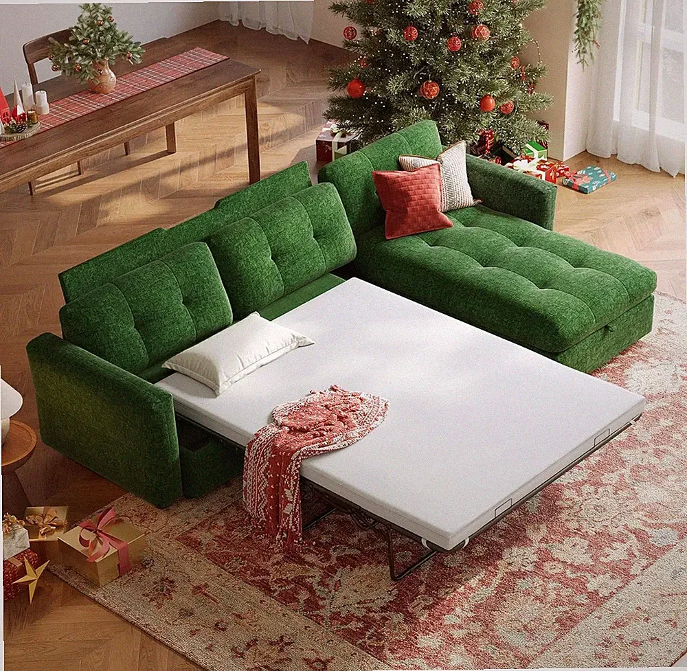 Green 118" Oversized Sectional Sofa Bed with Memory Foam & Storage Chaise