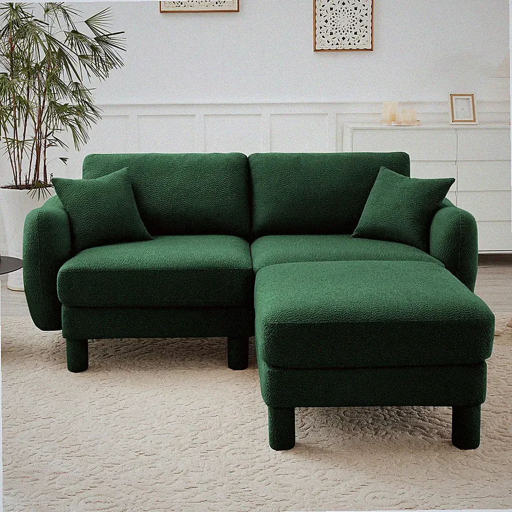Green 2-Seater Boucle Loveseat Sofa with Ottoman Modern Sectional