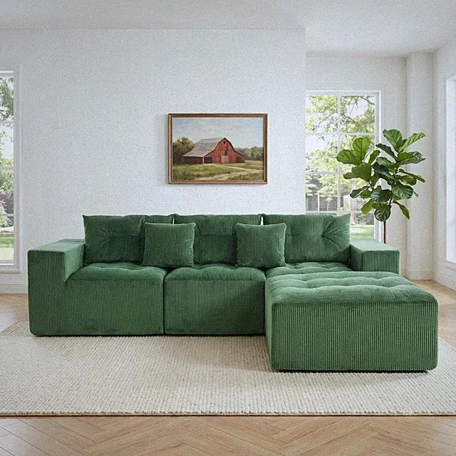 Green 3-Seat L-Shaped Fabric Sofa & Reversible Chaise Sectional