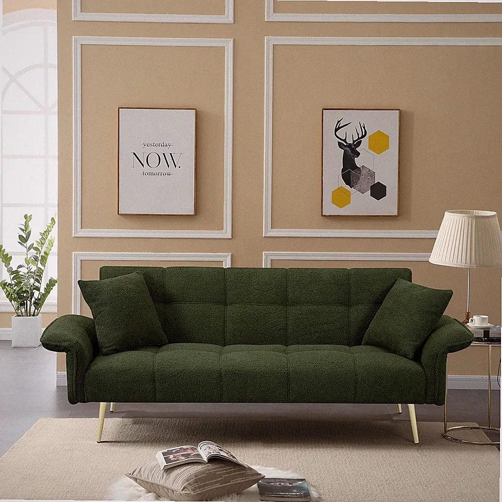 Green 70.1" Futon Sofa Bed with Adjustable Armrests for Small Spaces
