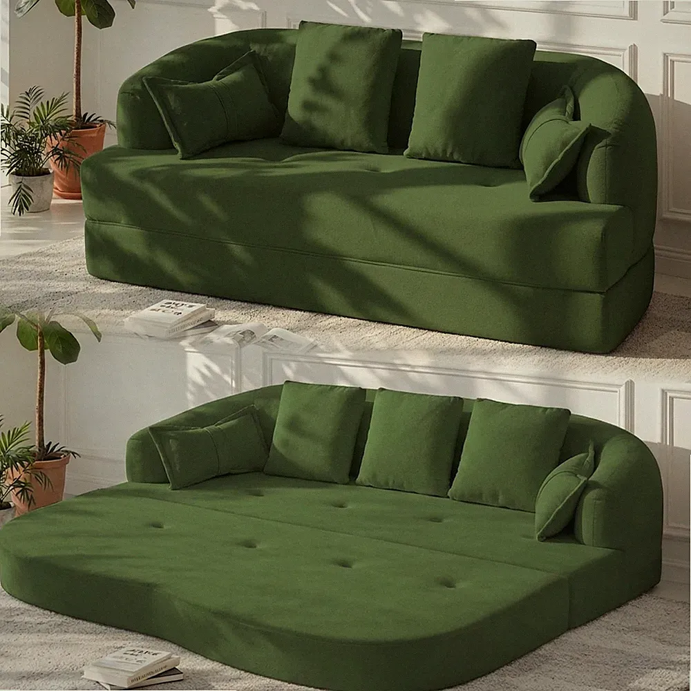 Green 70 Inch Convertible Sofa Bed Chenille Sleeper Futon With 4 Pillows