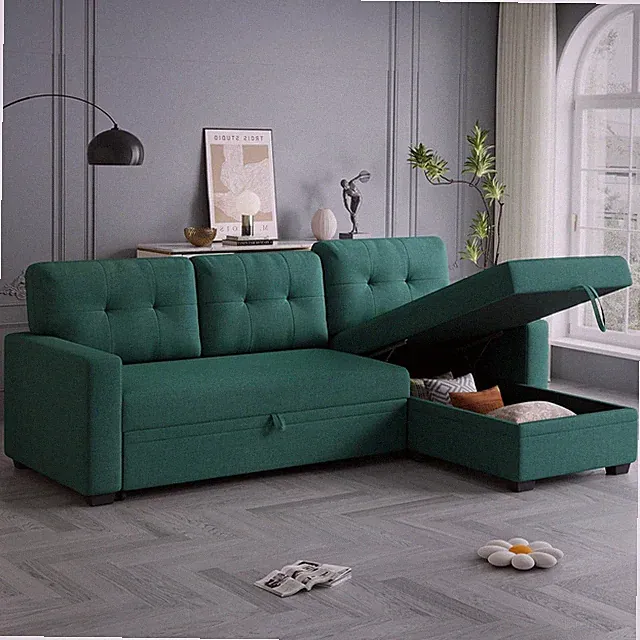 Green 82" L-Shape Convertible Sofa with Storage Chaise & Pull-Out Bed