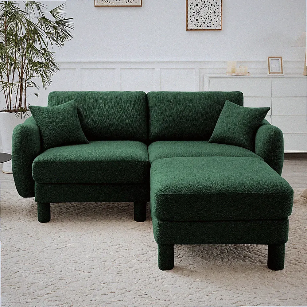 Green Boucle Fabric 2-Seater Sofa w/ Ottoman, Modern Sectional Loveseat